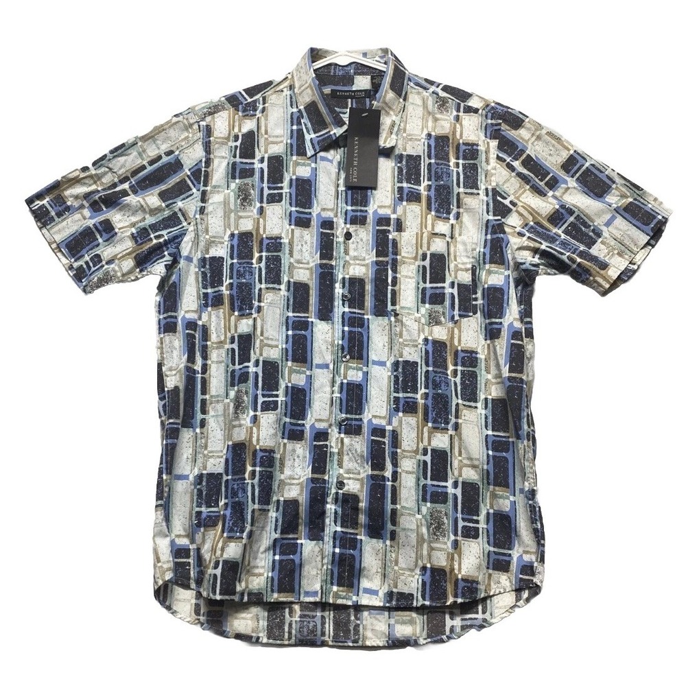 Kenneth Cole Shirt Mens Large Multicolor Geometric Cotton Button Up Casual